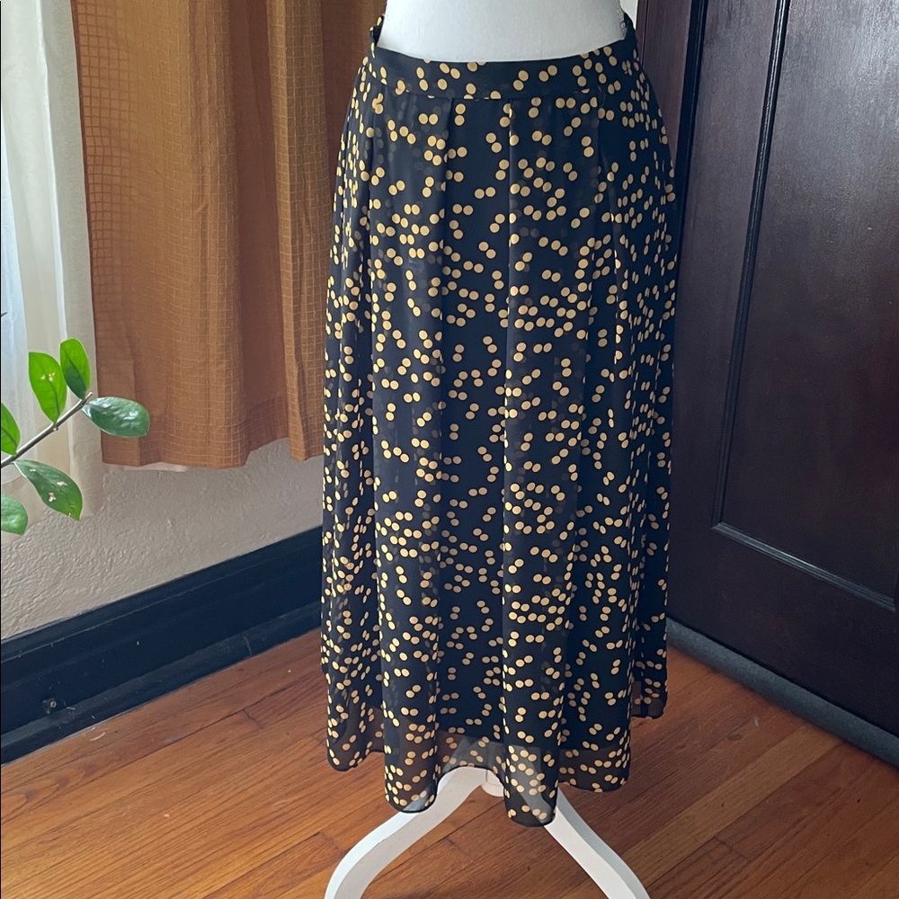 Anne Klein Black Pleated A-Line Midi Skirt Sheer Yellow Polka Dots